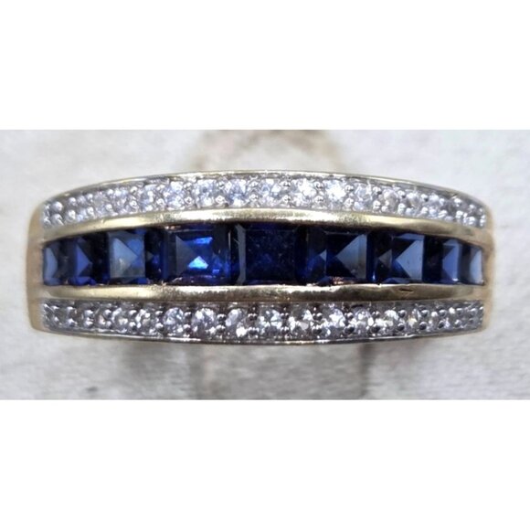 Ring 14K Yellow Gold Over 925 Stamped Princess Lab Created Sapphire & Cubic Zirc - Picture 1 of 7